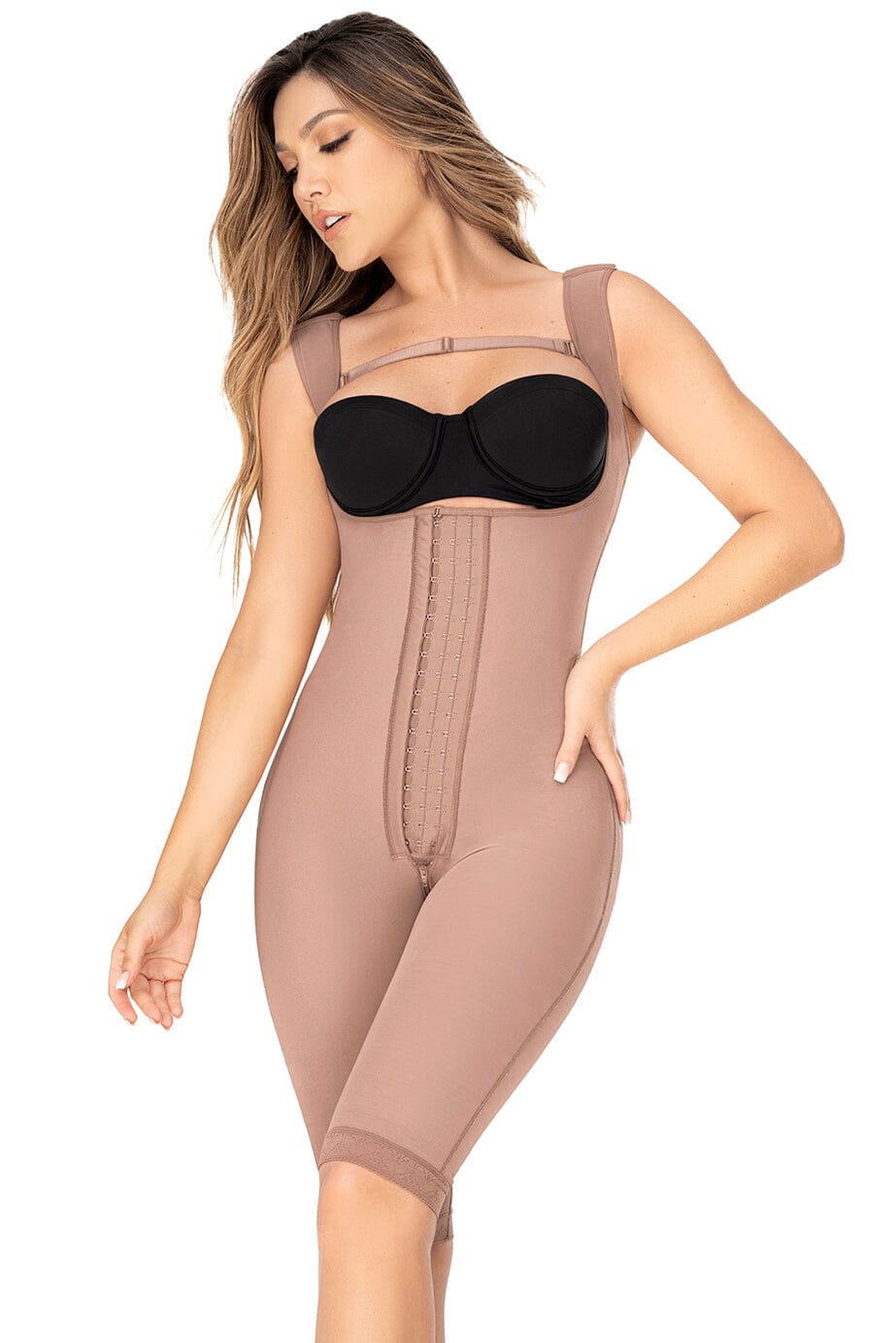 BRALESS FULL BODY ABOVE THE KNEE FAJA WITH SLEEVES AND HOOK CLOSURE