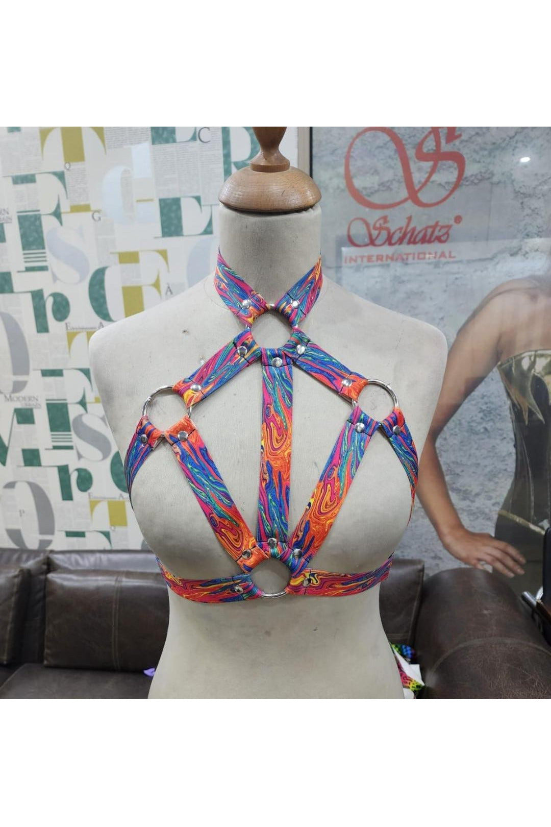 Tie Dye Print Stretchy Body Harness w/Silver Hardware –