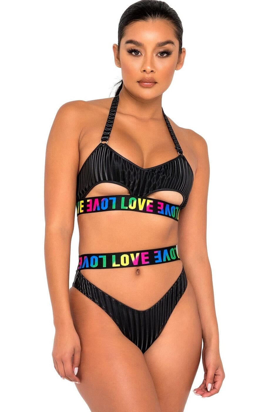 Pride Bikini Top with Underboob Cutout LOVE Elastic Logo Black