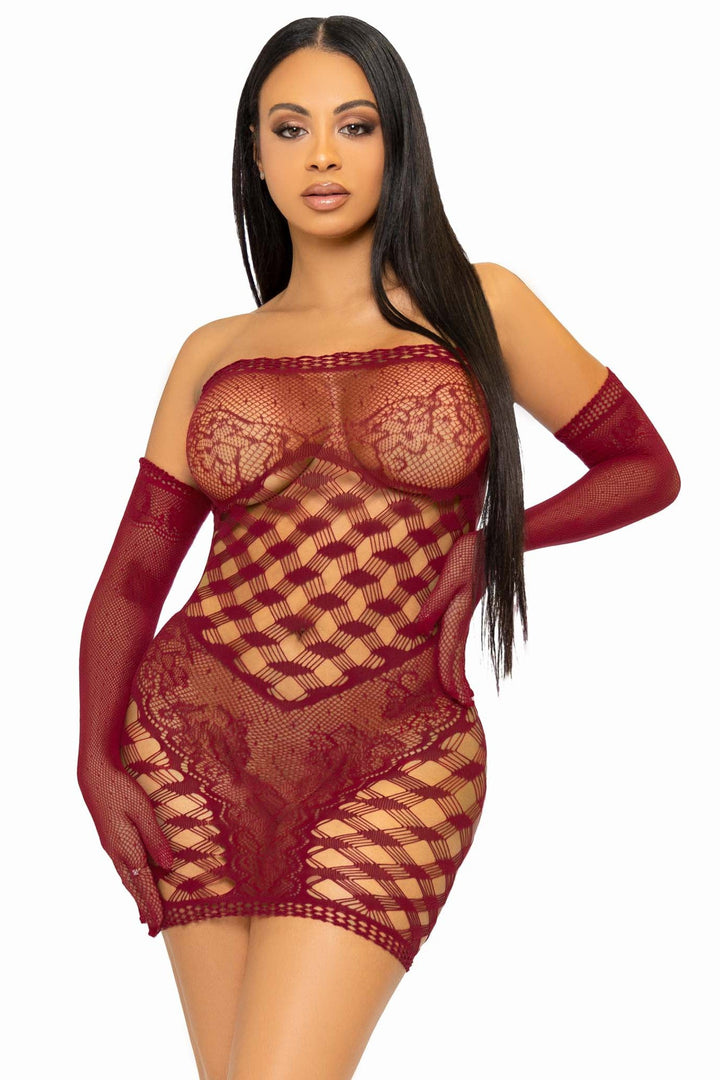 2 Piece Hardcore Net Tube Dress W/Lace Accent & Matching Gloves