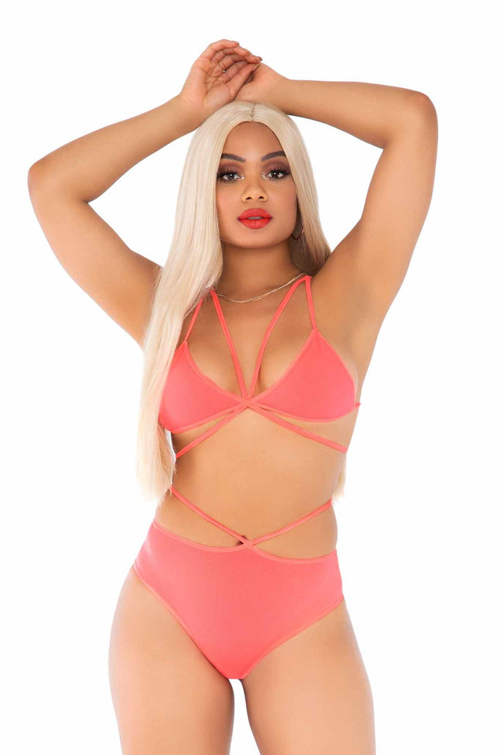 2 Piece Opaque Cage Strap Bra Top And Strappy Brazilian Briefs