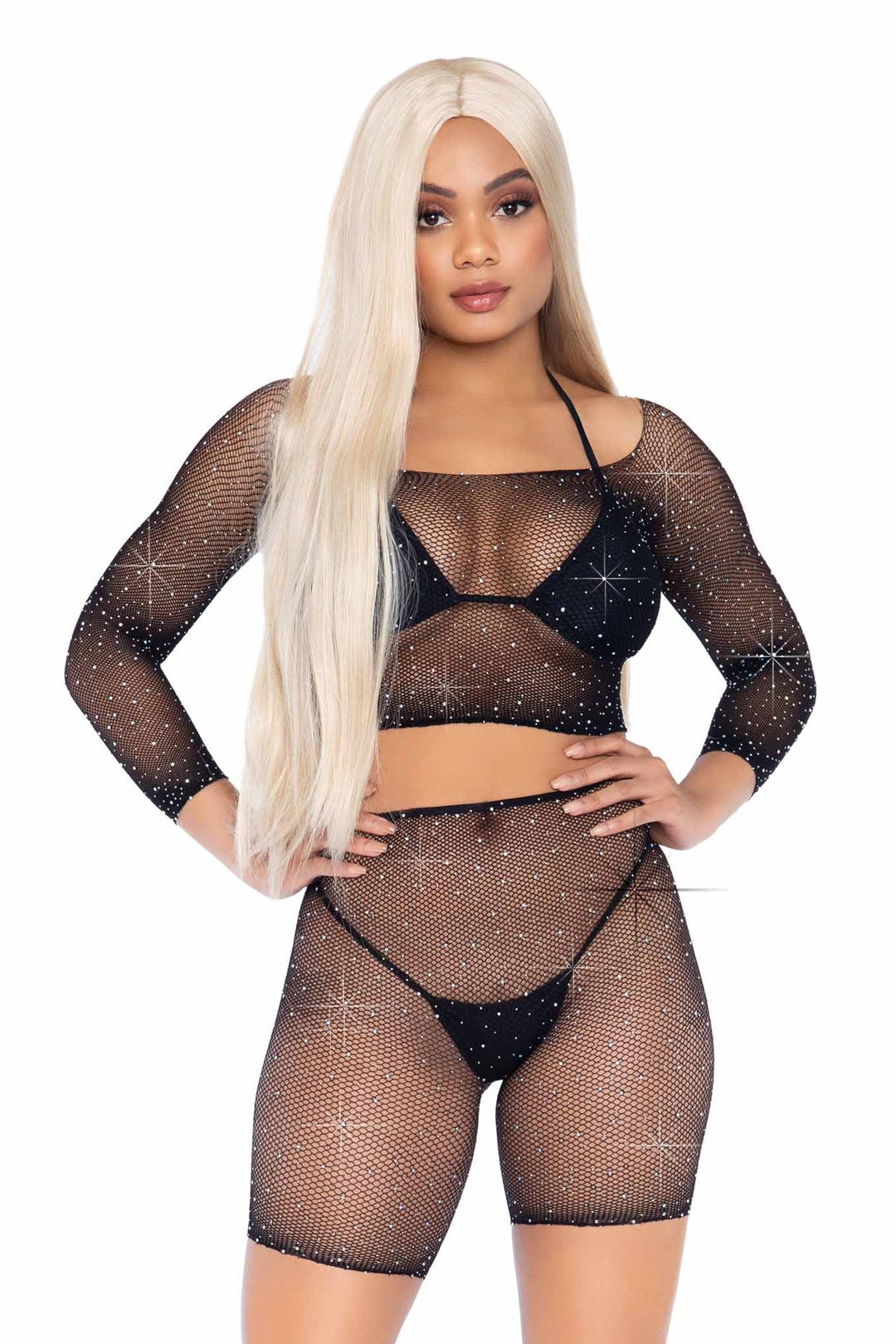 2 Piece Rhinestone Fishnet Long Sleeve Crop Top & Biker Shorts