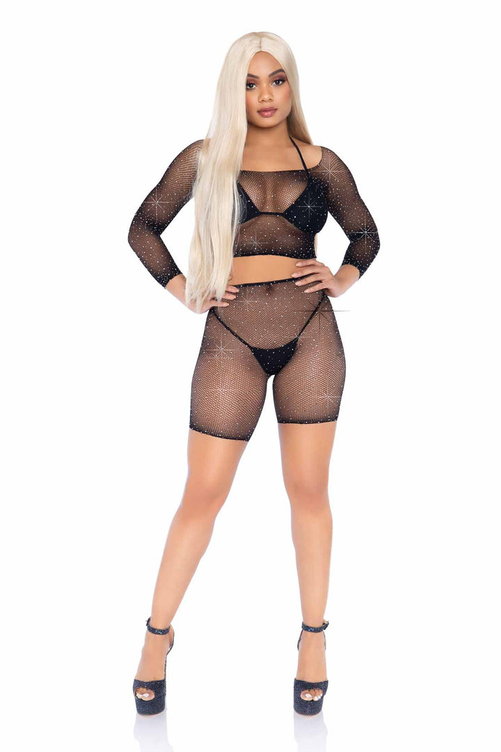 2 Piece Rhinestone Fishnet Long Sleeve Crop Top & Biker Shorts