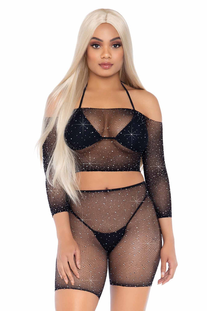 2 Piece Rhinestone Fishnet Long Sleeve Crop Top & Biker Shorts