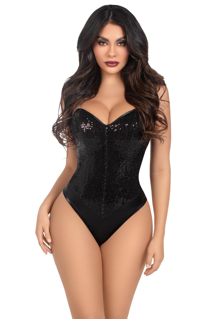 2 Piece Snap Crotch Bodysuit With Sequin & Detachable Clear Straps