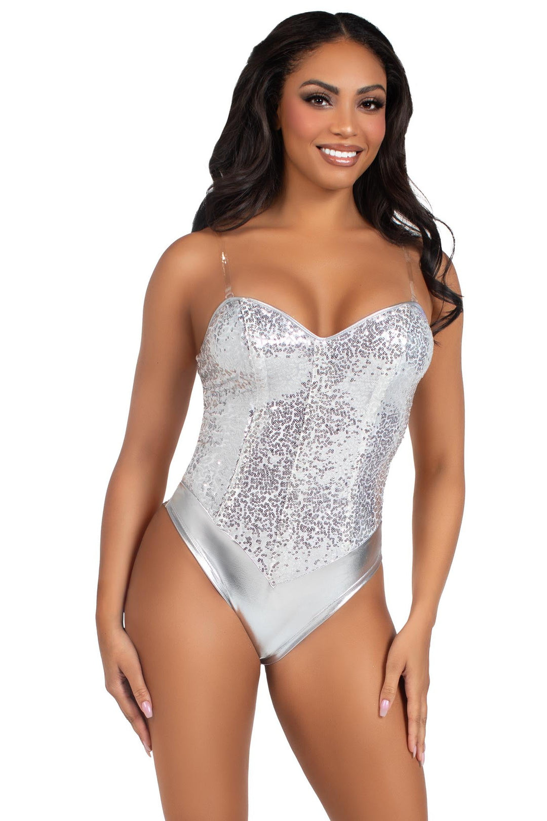 2 Piece Snap Crotch Bodysuit With Sequin & Detachable Clear Straps