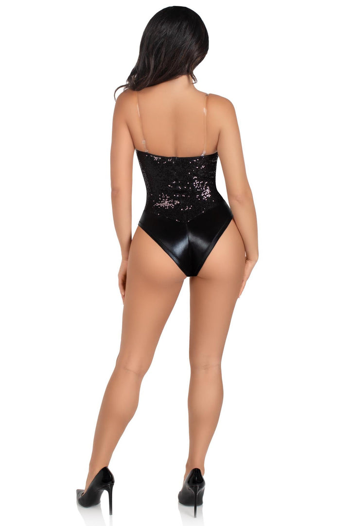 2 Piece Snap Crotch Bodysuit With Sequin & Detachable Clear Straps