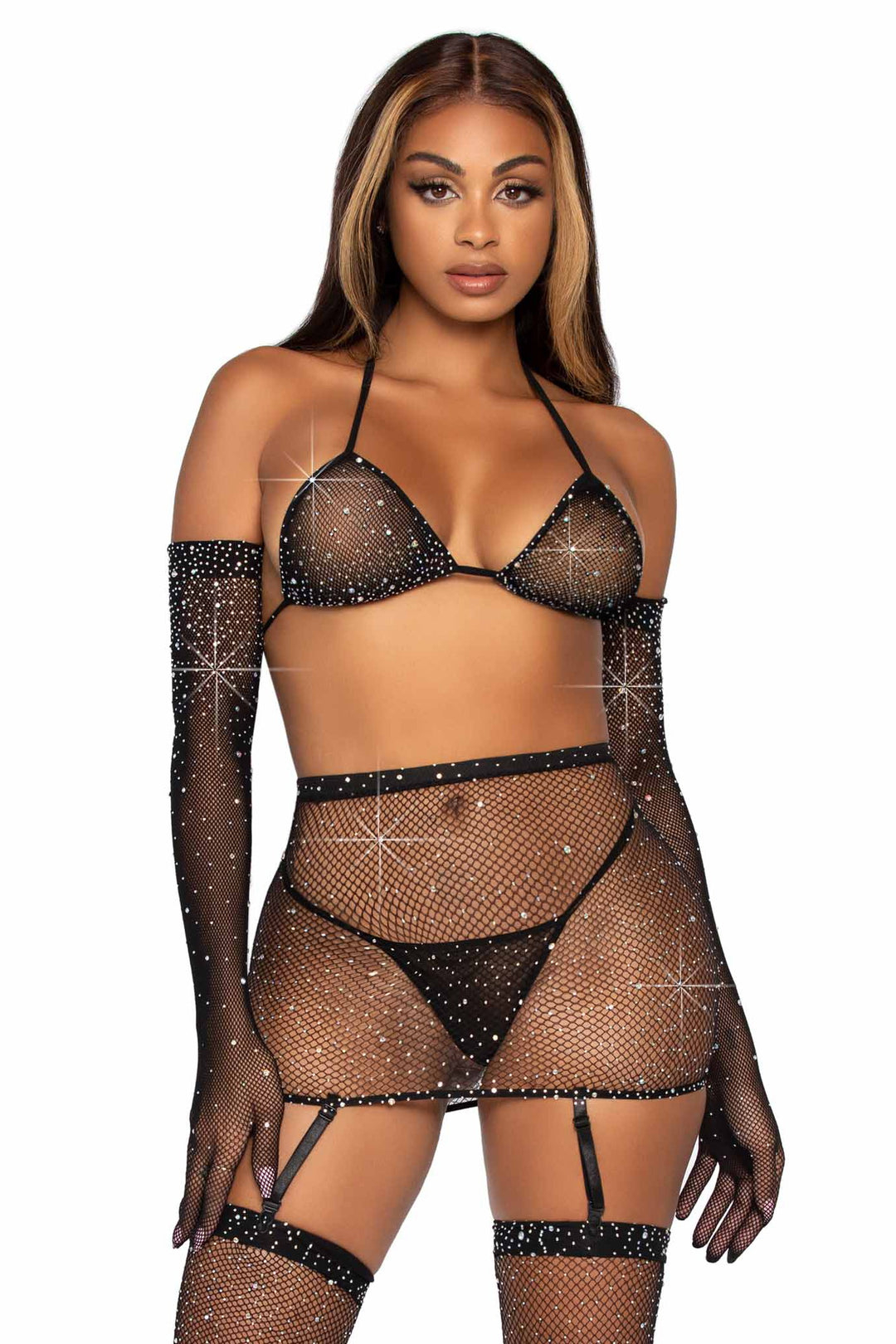 5 Piece Rhinestone Fishnet Garter Skirt Set W/Bikini Top & Accessories