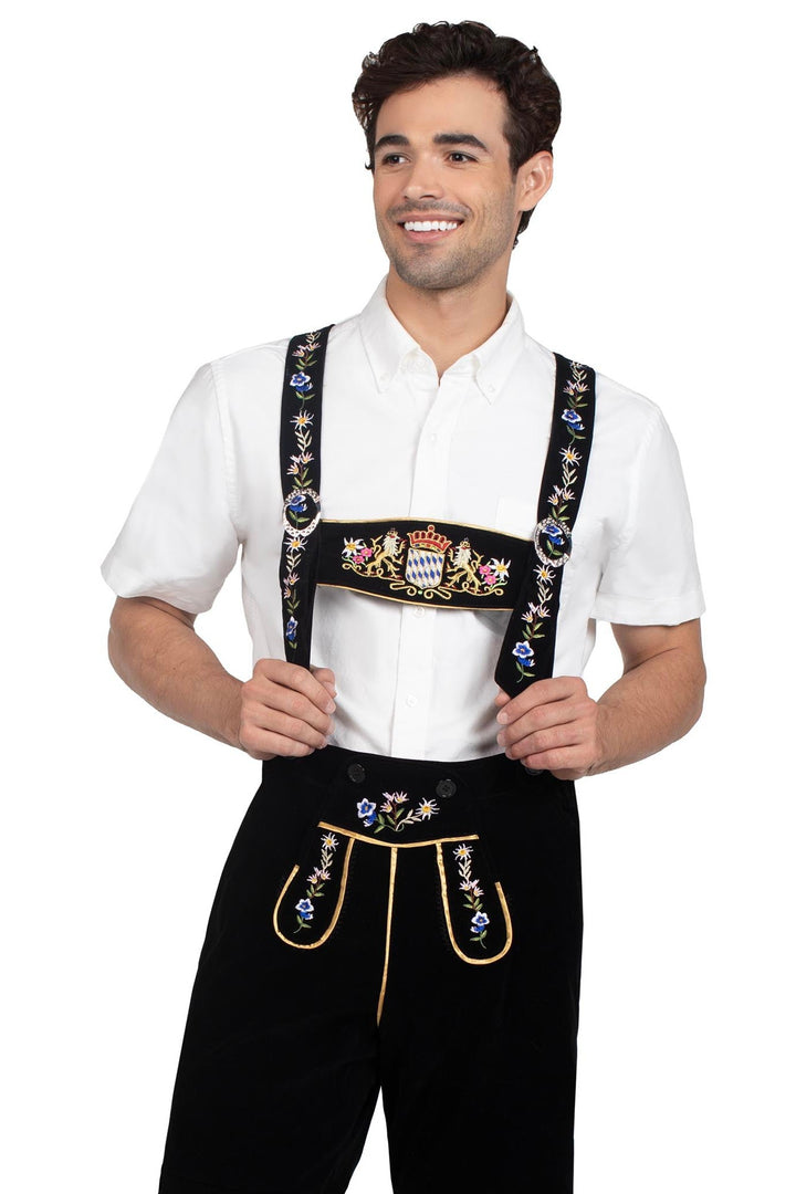 Bavarian Lederhosen Embroidered Stretch Velveteen, Bib Suspenders