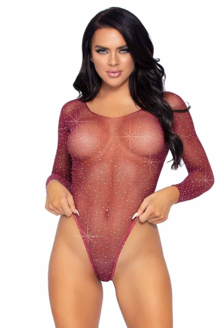 Crystalized Long Sleeved Fishnet Thong Back Bodysuit With Snap Crotch