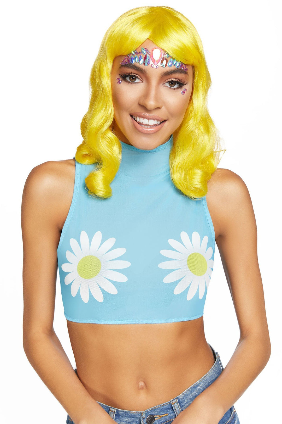 Daisy High Neck Mesh Crop Top With Zipper Back