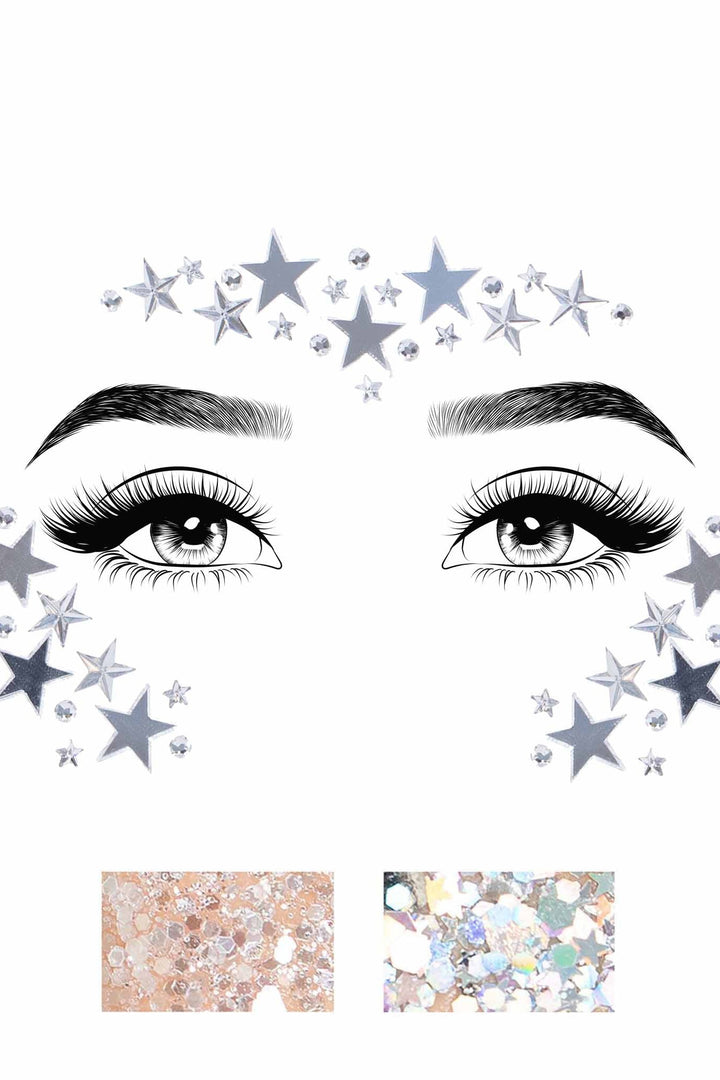 Dream Adhesive Mirror Star And Rhinestone Face Sticker & 2 Body Glitter Packets