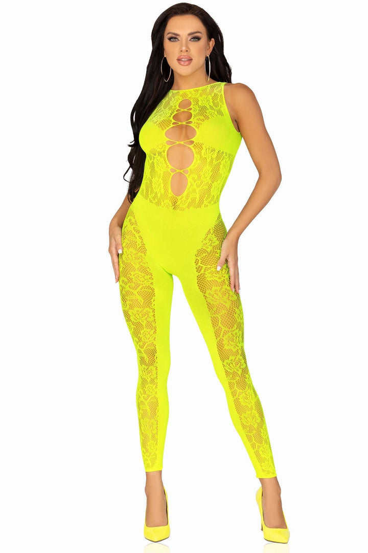 Floral Convertible Footless Bodystocking With Opaque Panel Detail