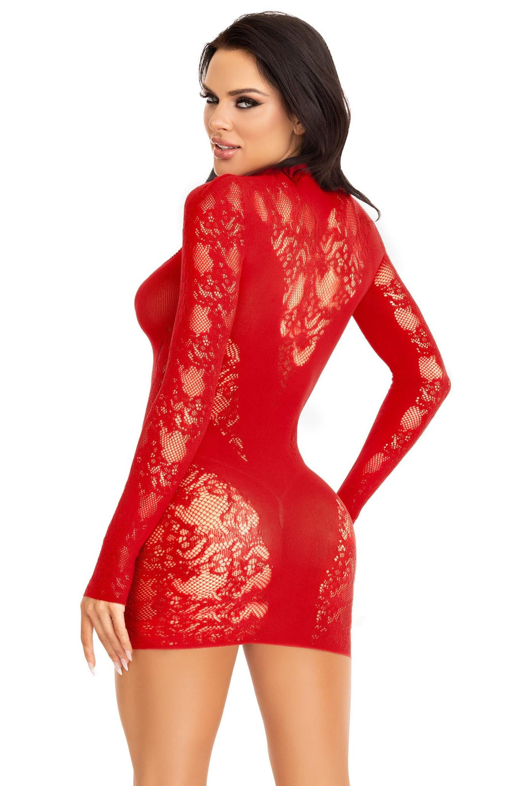 Lace Keyhole Mini Dress, Opaque Panel, Gloved Sleeves