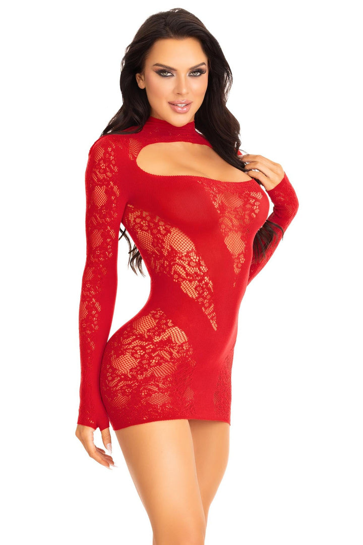 Lace Keyhole Mini Dress, Opaque Panel, Gloved Sleeves