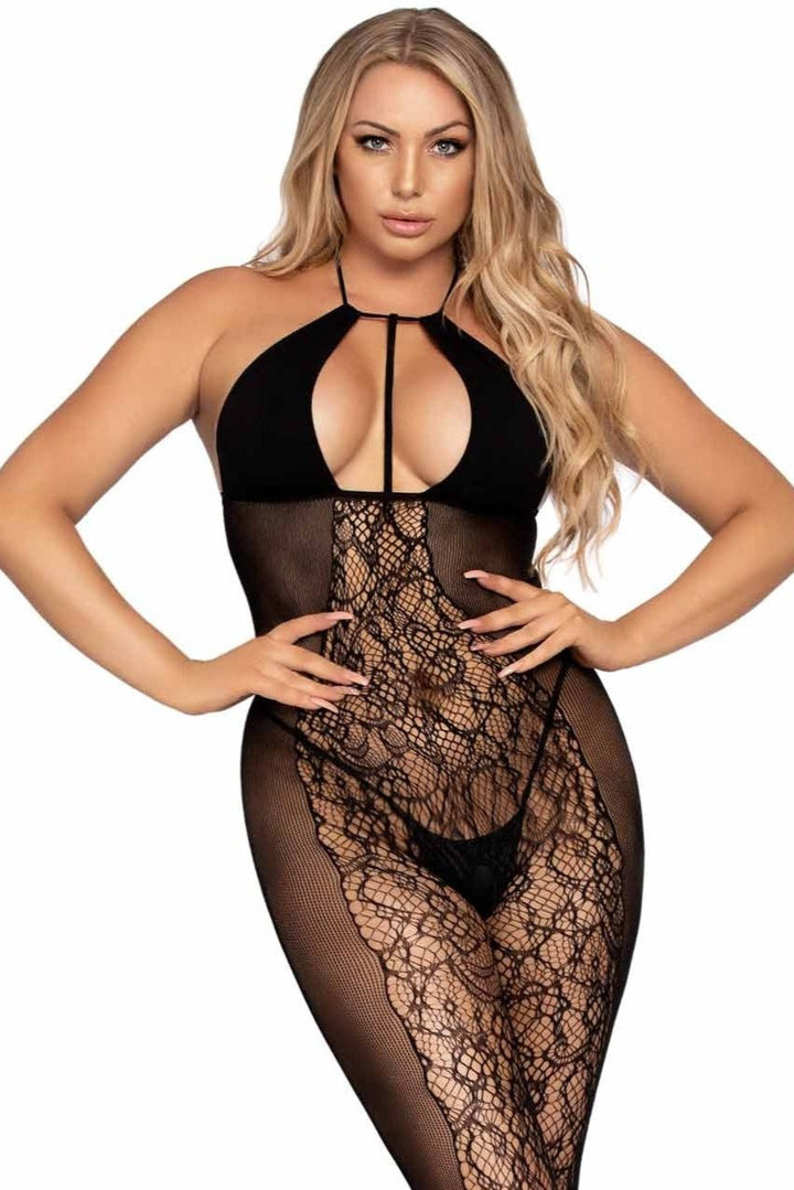 Lace Opaque Bodystocking W/Keyhole Halter Top