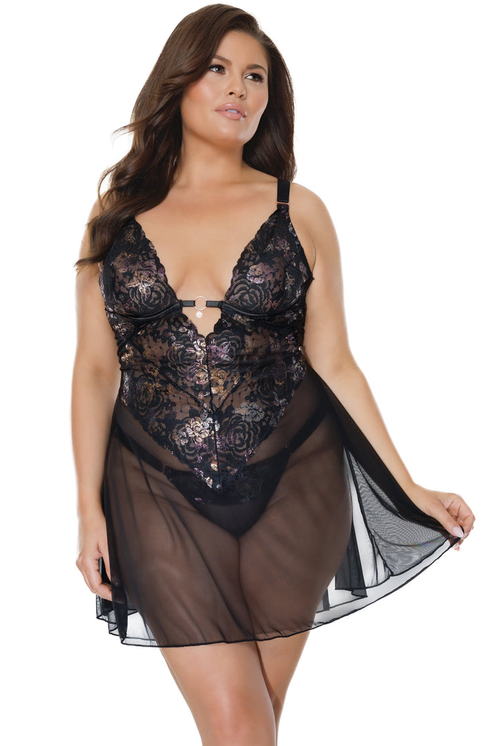 Metallic Floral Lace Babydoll and G-String