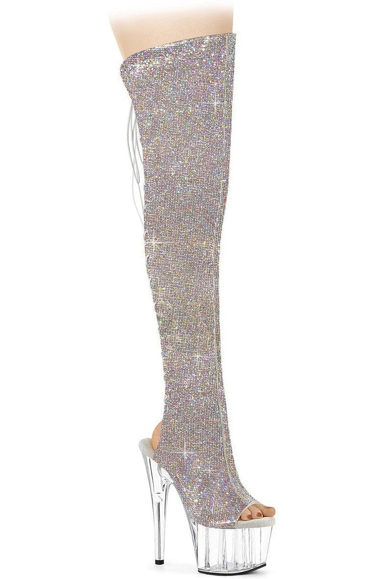 Pleaser Silver Thigh Boots Platform Stripper Shoes | Buy at Sexyshoes.com