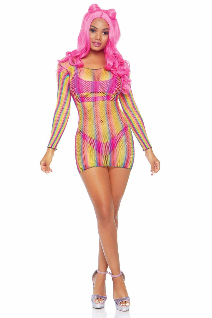 Rainbow Fishnet Long Sleeved Mini Dress