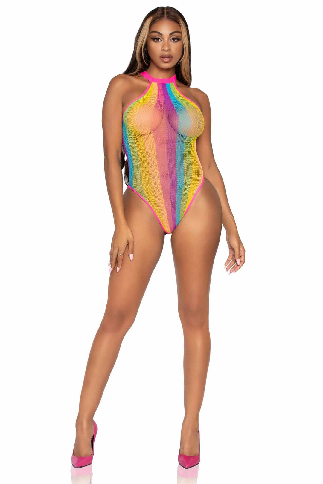 Rainbow Striped Halter Bodysuit With Snap Crotch