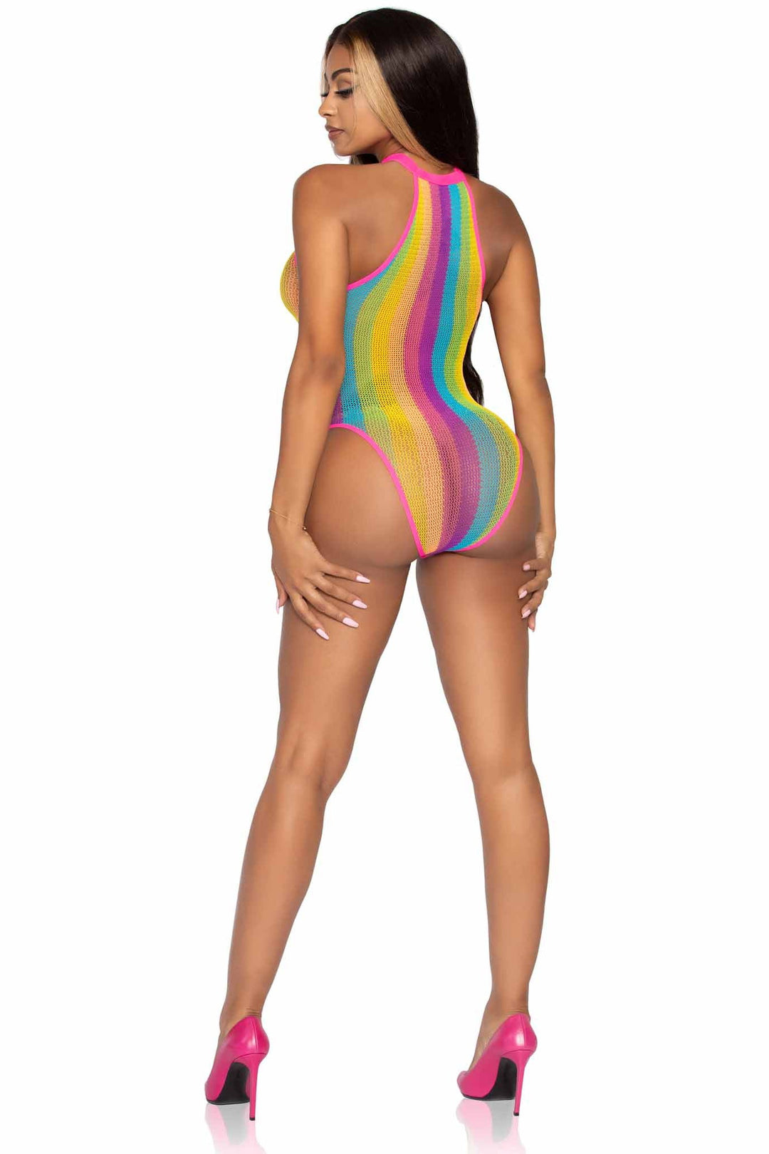 Rainbow Striped Halter Bodysuit With Snap Crotch