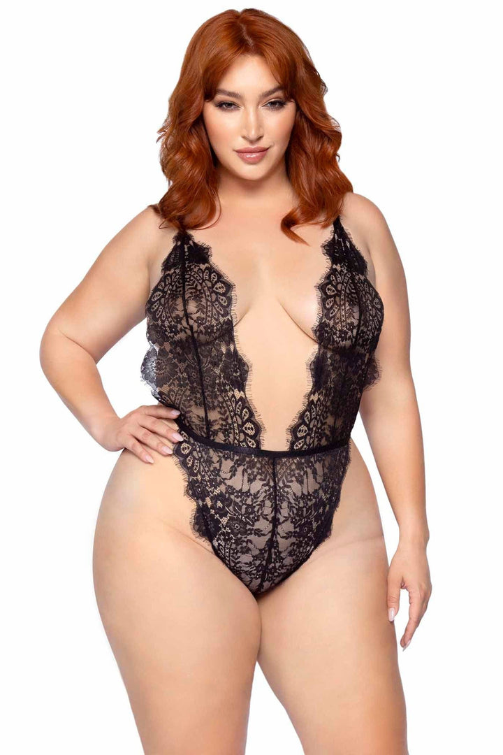 SS-Plus Size 3 Piece Floral Lace Teddy, Thong Back, Matching Robe & Satin Tie