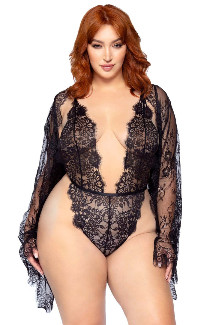 SS-Plus Size 3 Piece Floral Lace Teddy, Thong Back, Matching Robe & Satin Tie