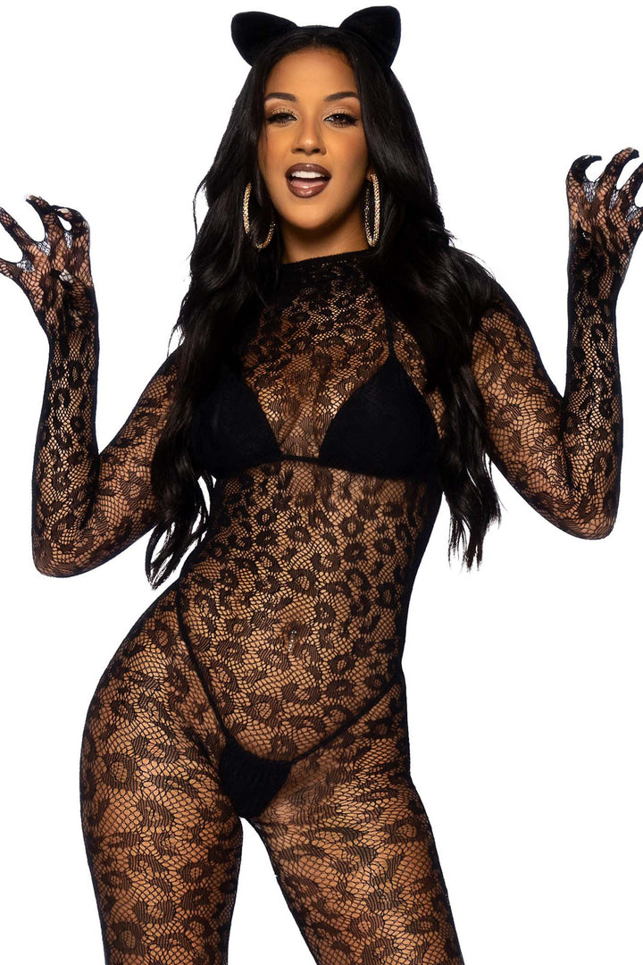 Seamless Leopard Net Gloved Catsuit