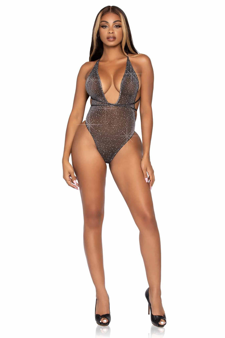 Shimmer Sheer Lurex Rhinestone Teddy With Thong Back & Convertible Wrap-Around Straps