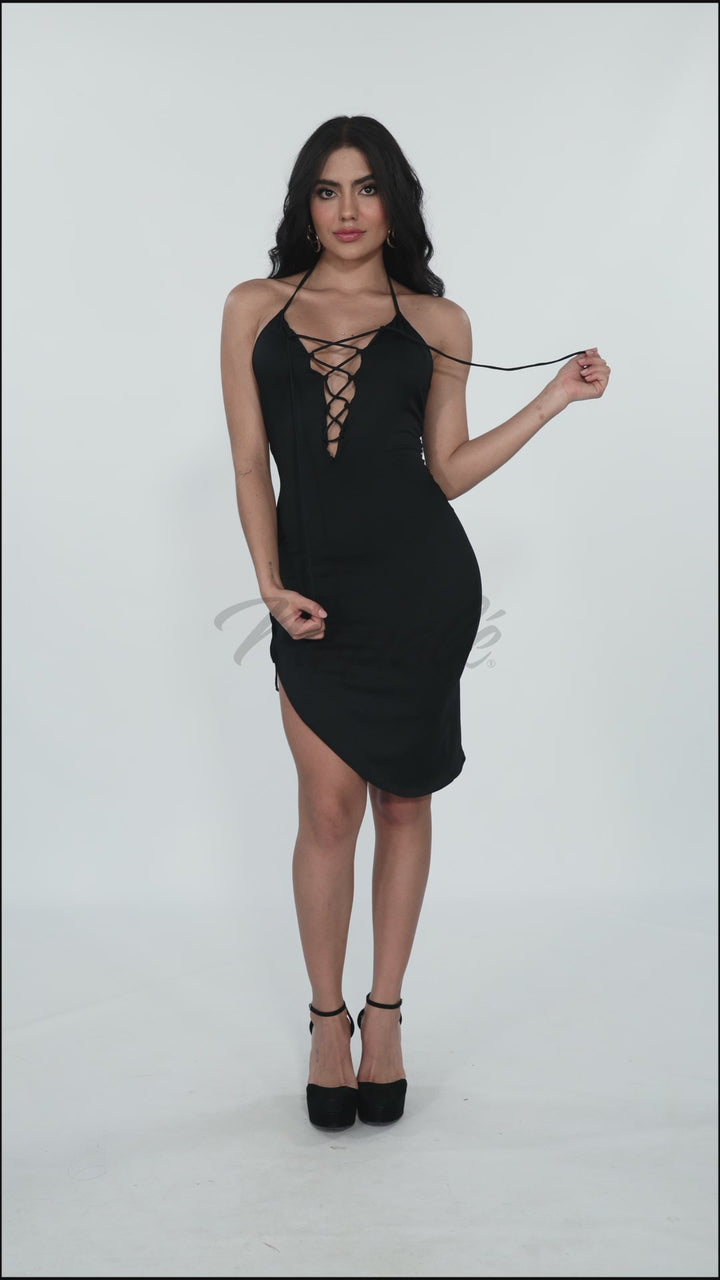 Plunging Halter Dress with Intricate Lace-Up Details