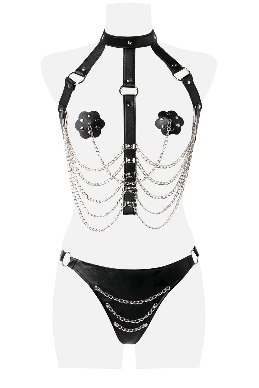 3 Piece Chain Harness W/Choker Bra Set-Body Harness-Grey Velvet-Black-O/S-SEXYSHOES.COM