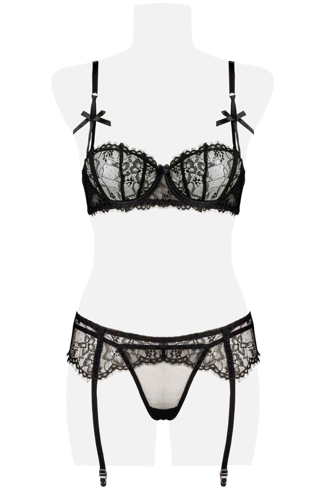 3 Piece Suspender Balconette Bra w/Bows and Garter Set-Fetish Sets-Grey Velvet-SEXYSHOES.COM