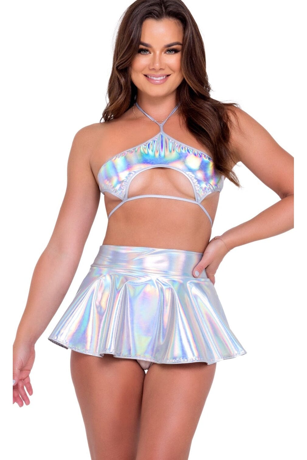 Holographic Keyhole Tie-Top-Halter Tops-Roma Dancewear-Silver-L-SEXYSHOES.COM