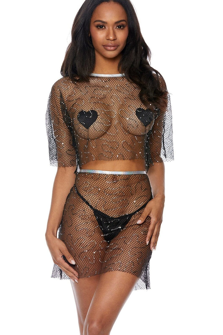 Sequin Swirl 2 Piece Fishnet Top & Skirt Set