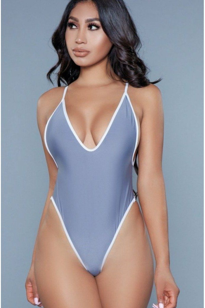 Contrast Trim One Piece Swimsuit-One Piece Swim-BeWicked-Grey-XS-SEXYSHOES.COM