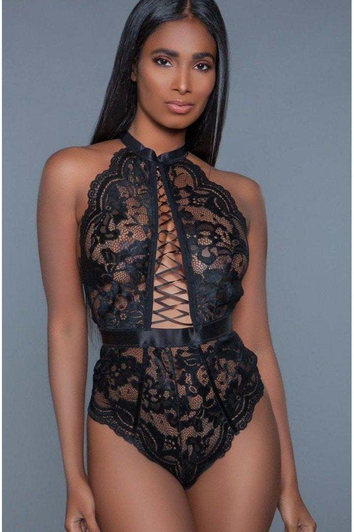 Embellished Satin Lace Up Bodysuit-Bodysuits-BeWicked-Black-S-SEXYSHOES.COM