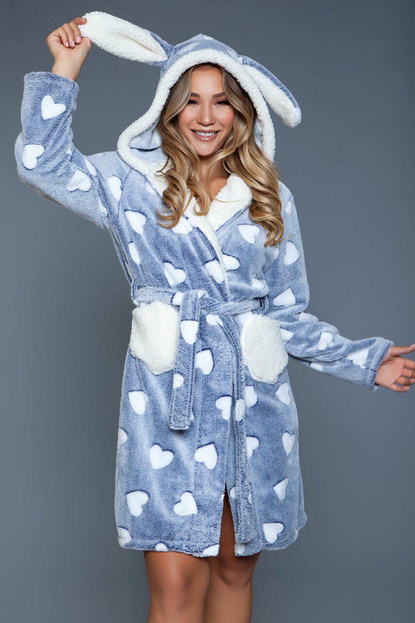 Heart Print Hooded Flannel Robe-Gowns + Robes-BeWicked-Blue-S/M-SEXYSHOES.COM