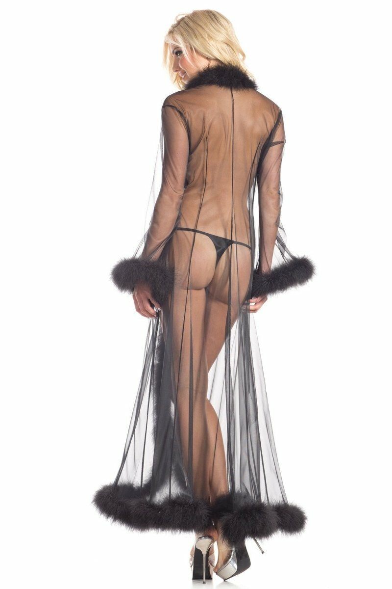 Marabou Trimmed Full Length Robe-Robes-BeWicked-Black-O/S-SEXYSHOES.COM