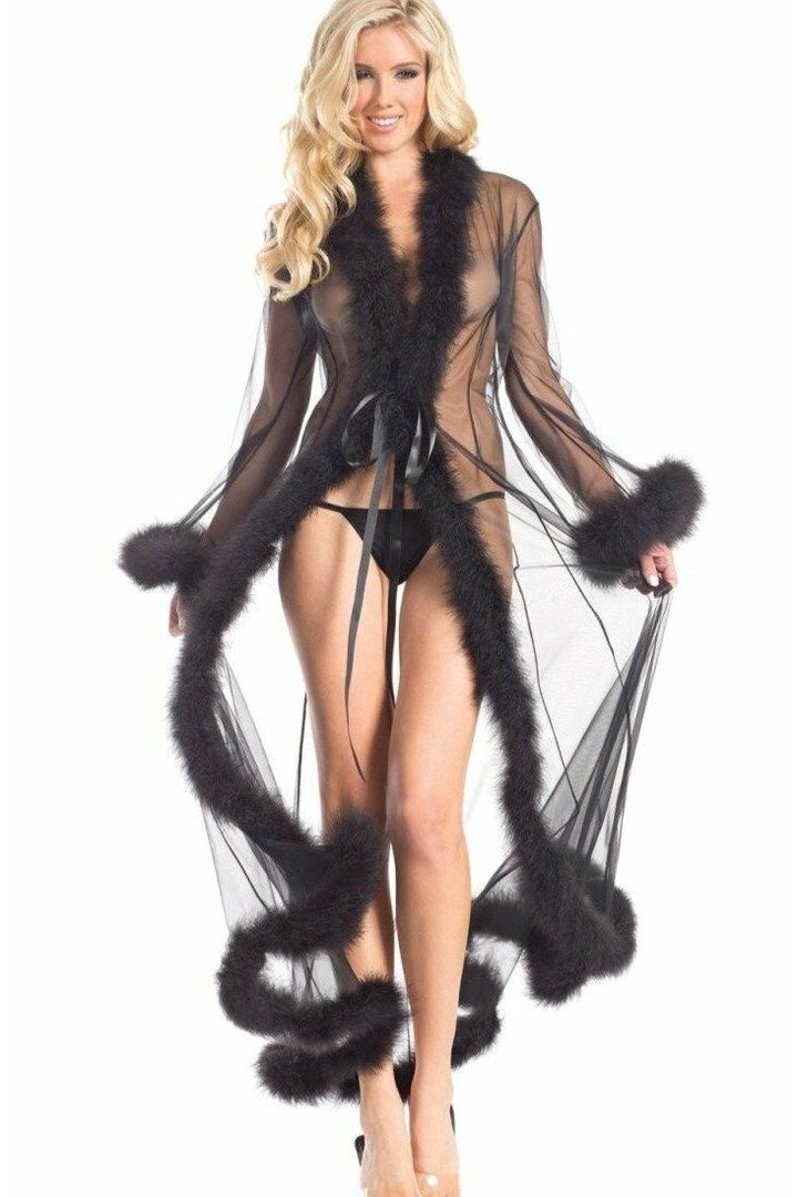 Marabou Trimmed Full Length Robe-Robes-BeWicked-Black-O/S-SEXYSHOES.COM