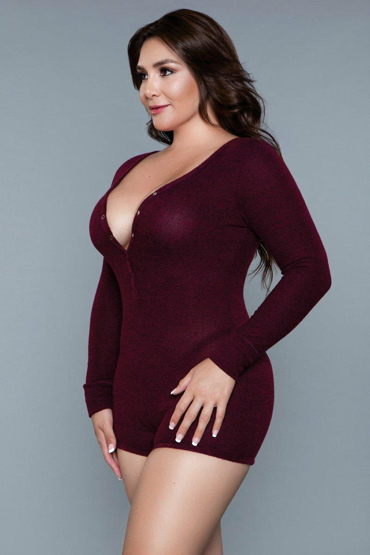 Plus Size Scoop Neck Long Sleeve Sleep Romper-Plus Sleepwear-BeWicked-SEXYSHOES.COM